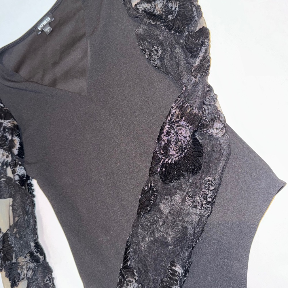Express Womens XS Black V-Neck Bodysuit Sheer 3D Floral Embroidered Mesh Sleeve